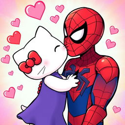 An animated style image of Hello Kitty being kissed on the cheek by Spiderman