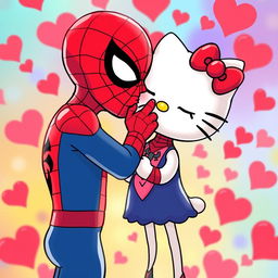 An animated style image of Hello Kitty being kissed on the cheek by Spiderman