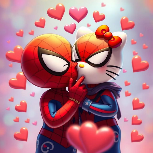 An animated style image of Hello Kitty being kissed on the cheek by Spiderman