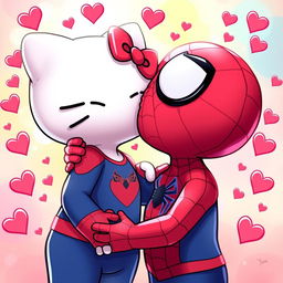 An animated style image of Hello Kitty being kissed on the cheek by Spiderman