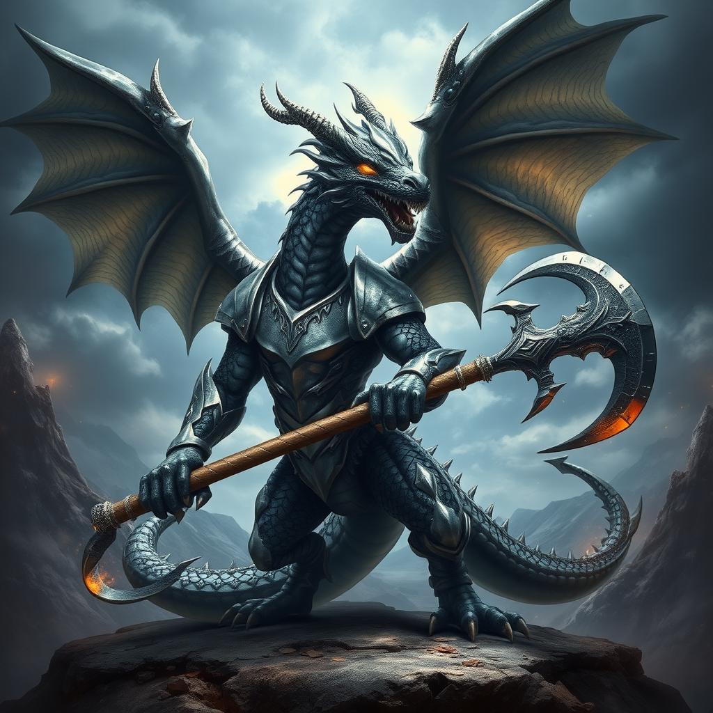 A majestic black and silver humanoid dragon with an athletic body, wearing armor and wielding a battle axe, set against a dramatic fantasy landscape