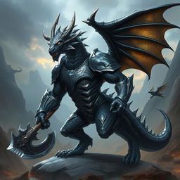 A majestic black and silver humanoid dragon with an athletic body, wearing armor and wielding a battle axe, set against a dramatic fantasy landscape