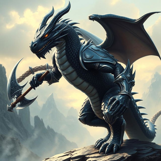 A majestic black and silver humanoid dragon with an athletic body, wearing armor and wielding a battle axe, set against a dramatic fantasy landscape