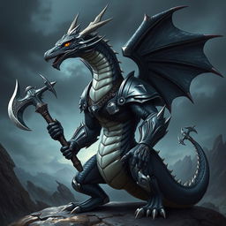 A majestic black and silver humanoid dragon with an athletic body, wearing armor and wielding a battle axe, set against a dramatic fantasy landscape