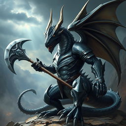 A realistic depiction of a majestic black and silver humanoid dragon with an athletic body, wearing armor and wielding a battle axe, set against a dramatic fantasy landscape