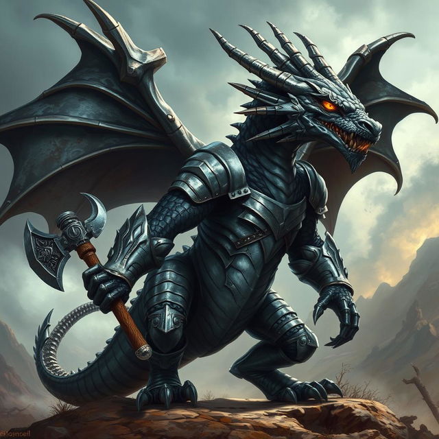 A realistic depiction of a majestic black and silver humanoid dragon with an athletic body, wearing armor and wielding a battle axe, set against a dramatic fantasy landscape