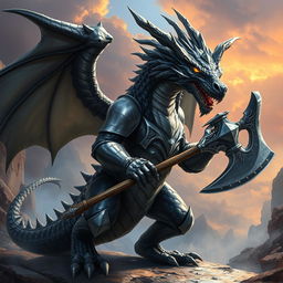 A realistic depiction of a majestic black and silver humanoid dragon with an athletic body, wearing armor and wielding a battle axe, set against a dramatic fantasy landscape