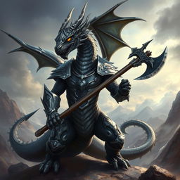 A realistic depiction of a majestic black and silver humanoid dragon with an athletic body, wearing armor and wielding a battle axe, set against a dramatic fantasy landscape