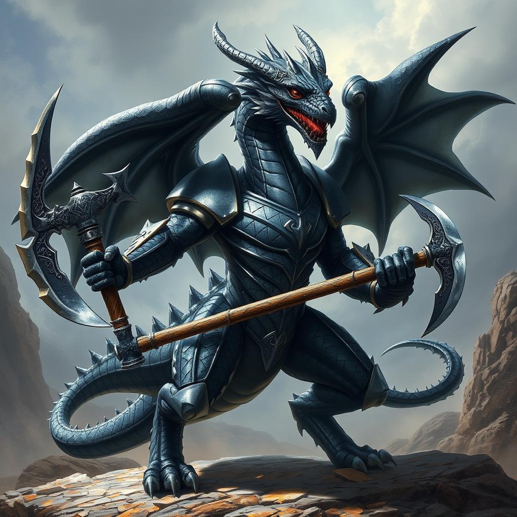 A majestic black and silver humanoid dragon with an athletic body, inspired by Balerion the Black Dread, wearing armor and wielding a battle axe, set against a dramatic fantasy landscape