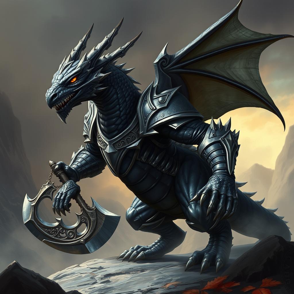 A majestic black and silver humanoid dragon with an athletic body, inspired by Balerion the Black Dread, wearing armor and wielding a battle axe, set against a dramatic fantasy landscape