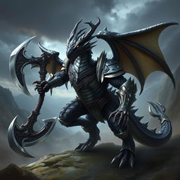 A majestic black and silver humanoid dragon with an athletic body, inspired by Balerion the Black Dread, wearing armor and wielding a battle axe, set against a dramatic fantasy landscape