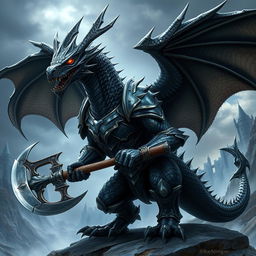 A majestic black and silver humanoid dragon with an athletic body, inspired by Balerion the Black Dread, wearing armor and wielding a battle axe, set against a dramatic fantasy landscape