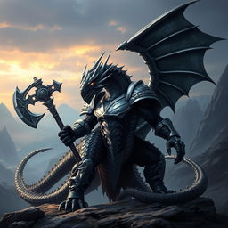 A majestic black and silver humanoid dragon with an athletic body, wearing armor and wielding a battle axe, designed in the style of Balerion the Black Dread