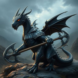 A majestic black and silver humanoid dragon with an athletic body, wearing armor and wielding a battle axe, designed in the style of Balerion the Black Dread