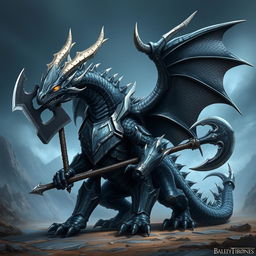 A majestic black and silver humanoid dragon with an athletic body, wearing armor and wielding a battle axe, designed in the style of Balerion the Black Dread