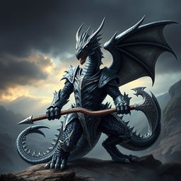 A majestic black and silver humanoid dragon with an athletic body, wearing armor and wielding a battle axe, designed in the style of Balerion the Black Dread