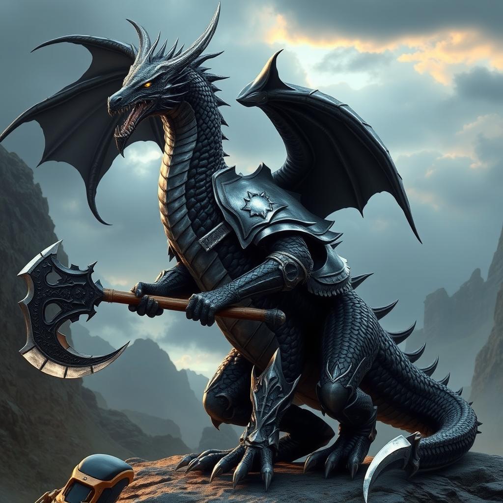 A majestic black and silver humanoid dragon with an athletic body, styled like Balerion the Black Dread, wearing armor and wielding a battle axe