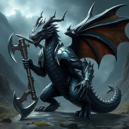 A majestic black and silver humanoid dragon with an athletic body, styled like Balerion the Black Dread, wearing armor and wielding a battle axe