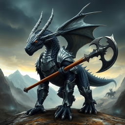 A majestic black and silver humanoid dragon with an athletic body, styled like Balerion the Black Dread, wearing armor and wielding a battle axe