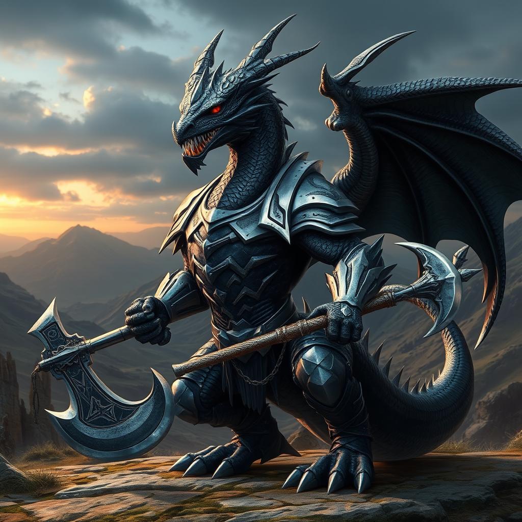 A majestic black and silver humanoid dragon with an athletic body, styled like Balerion the Black Dread, wearing armor and wielding a battle axe