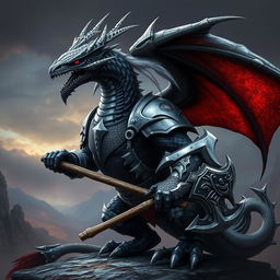 A majestic black and silver humanoid dragon with red eyes, styled like Balerion the Black Dread, wearing armor and wielding a battle axe