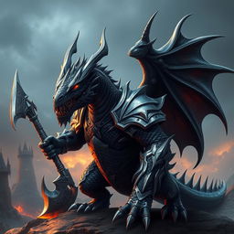 A majestic black and silver humanoid dragon with red eyes, styled like Balerion the Black Dread, wearing armor and wielding a battle axe