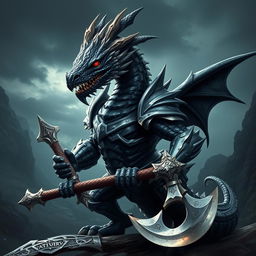 A majestic black and silver humanoid dragon with red eyes, styled like Balerion the Black Dread, wearing armor and wielding a battle axe