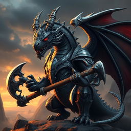 A majestic black and silver humanoid dragon with red eyes, styled like Balerion the Black Dread, wearing armor and wielding a battle axe