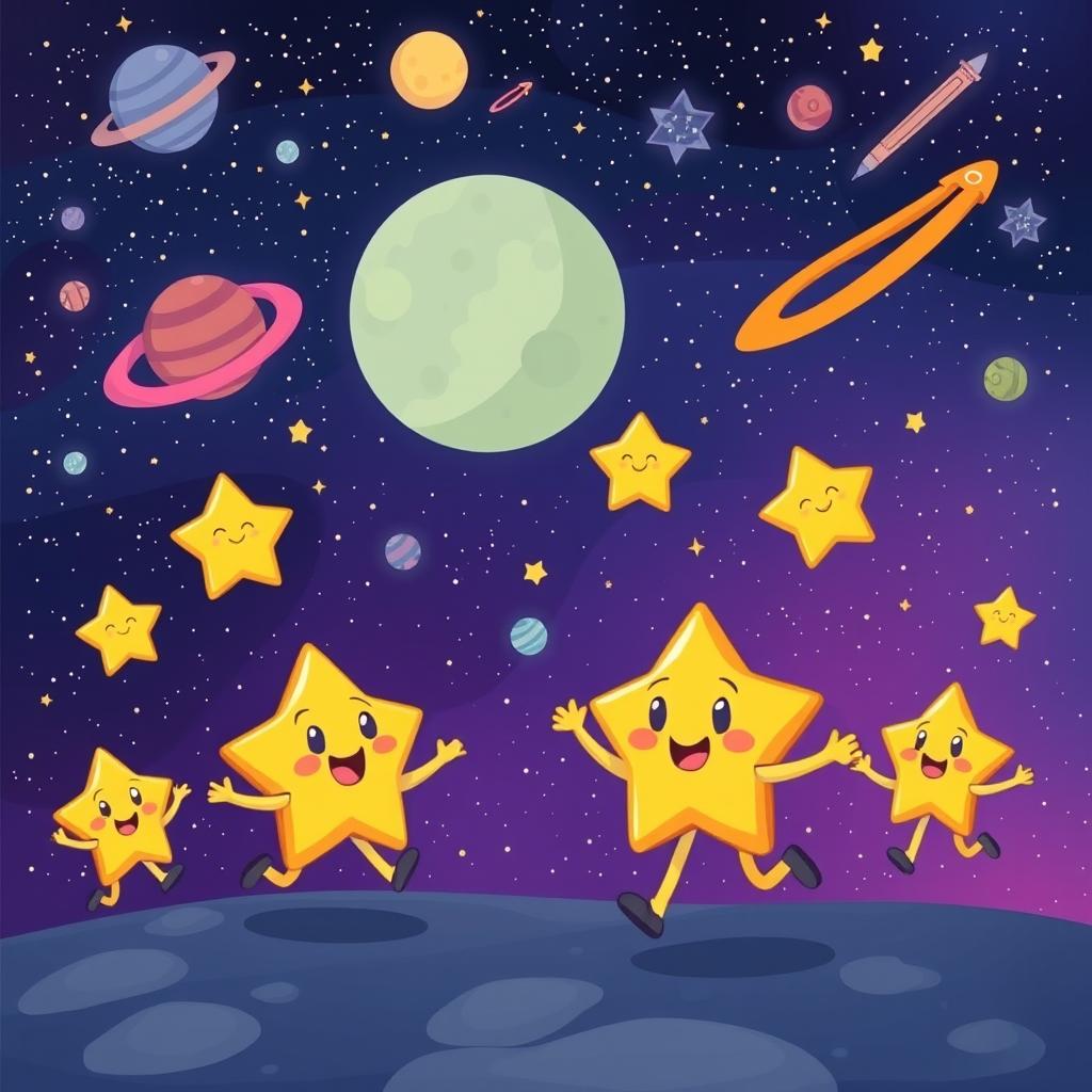 Create a cartoon-style image of small stars running around in outer space