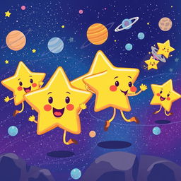 Create a cartoon-style image of small stars running around in outer space