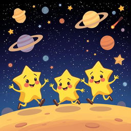 Create a cartoon-style image of small stars running around in outer space