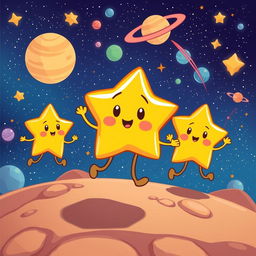 Create a cartoon-style image of small stars running around in outer space