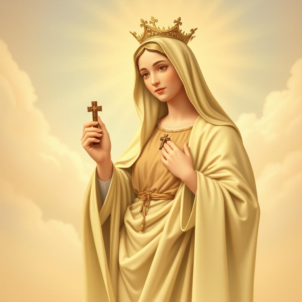 A serene and divine depiction of Our Lady of Mount Carmel holding a brown scapular