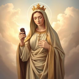 A serene and divine depiction of Our Lady of Mount Carmel holding a brown scapular