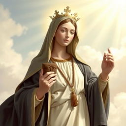 A serene and divine depiction of Our Lady of Mount Carmel holding a brown scapular