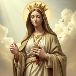 A serene and divine depiction of Our Lady of Mount Carmel holding a brown scapular