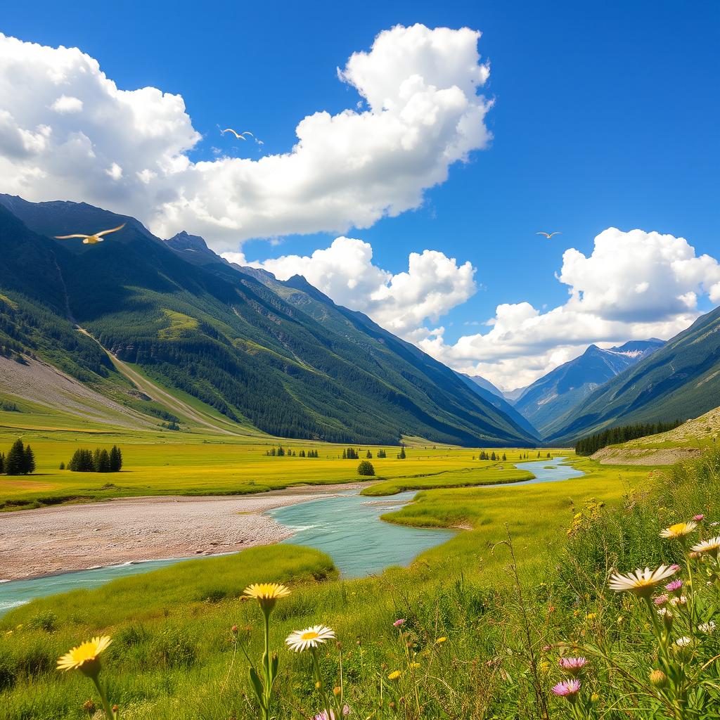 A beautiful landscape with mountains, a river flowing through a lush green valley, and a clear blue sky with fluffy white clouds