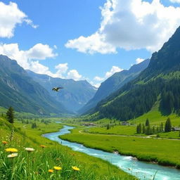 A beautiful landscape with mountains, a river flowing through a lush green valley, and a clear blue sky with fluffy white clouds