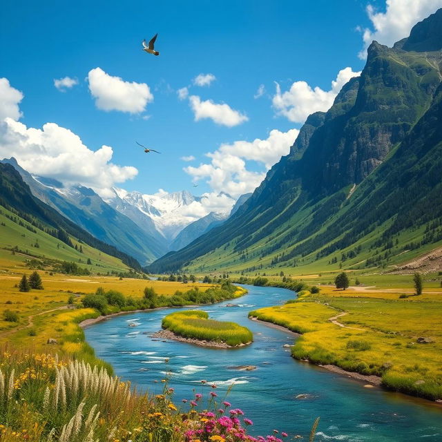 A beautiful landscape with mountains, a river flowing through a lush green valley, and a clear blue sky with fluffy white clouds