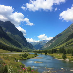 A beautiful landscape with mountains, a river flowing through a lush green valley, and a clear blue sky with fluffy white clouds