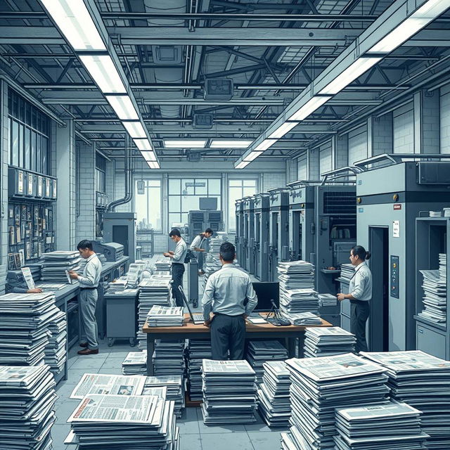 A detailed scene showing the reception area of a printing press