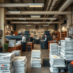 A detailed scene showing the reception area of a printing press