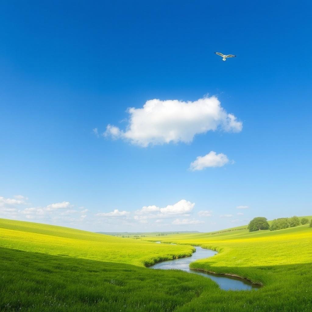 Create an image of a serene landscape with a clear blue sky, lush green meadows, and a tranquil river flowing through