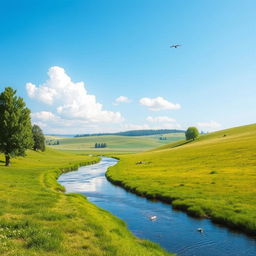 Create an image of a serene landscape with a clear blue sky, lush green meadows, and a tranquil river flowing through