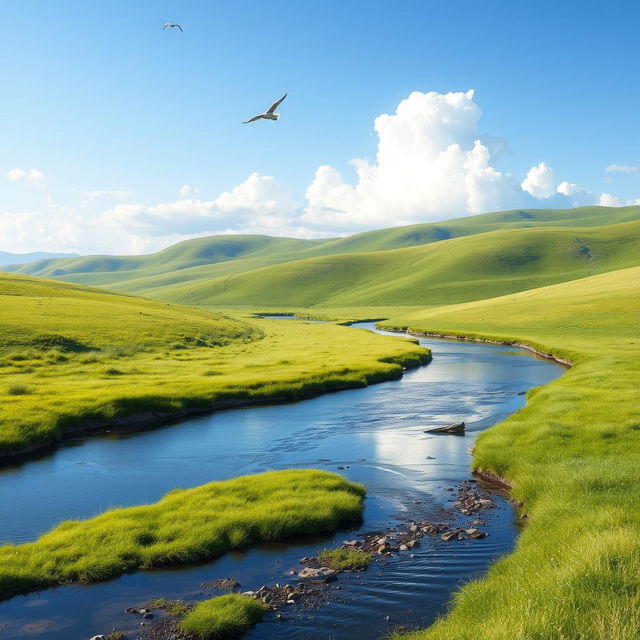 Create an image of a serene landscape with a clear blue sky, lush green meadows, and a tranquil river flowing through