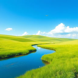 Create an image of a serene landscape with a clear blue sky, lush green meadows, and a tranquil river flowing through