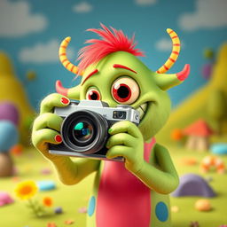 A whimsical and imaginative monster holding a camera, ready to take a picture