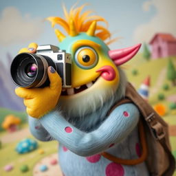 A whimsical and imaginative monster holding a camera, ready to take a picture