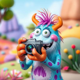 A whimsical and imaginative monster holding a camera, ready to take a picture