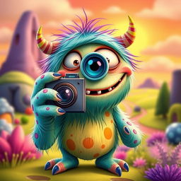 A whimsical and imaginative monster holding a camera, ready to take a picture